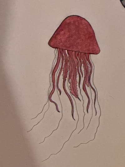 The image is a drawing of a jellyfish. The bell of the jellyfish is reddish-brown and has a rounded, conical shape. Tentacles extend from the bottom of the bell. Some tentacles are thick and detailed, also in reddish-brown. Others are thin, black lines. The background is a light beige or off-white color. The drawing appears to be on paper. The image does not provide any information about the location in Castelnuovo di Porto, Italy.