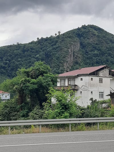The image depicts a hillside residential area in Ayvacık, Turkey, under a cloudy sky. In the foreground, a paved road with white lane markings runs horizontally across the frame. A metal guardrail separates the road from the embankment. Behind the guardrail, dense green vegetation and trees dominate the midground. A white, two-story house with a red tiled roof is partially visible amidst the foliage. The house appears weathered, with some visible cracks in the plaster. To the left of this house, another building, possibly a lighter colored residential structure, is also partially obscured by trees. The background features a steep, densely forested mountain slope with a rocky outcrop on its side. The overall impression is a rural or semi-rural setting with a focus on the natural landscape and modest residential structures. There are no people visible in the image.