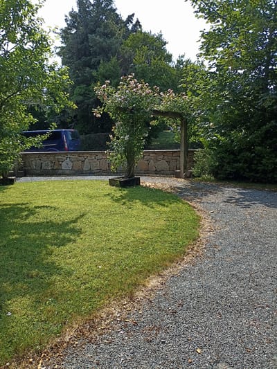 The image depicts an outdoor scene with a gravel pathway curving through a garden. To the left, a well-maintained lawn is visible, with shadows cast by overhead trees. Behind the lawn, a rustic stone wall runs horizontally, separating the garden from a background area where a blue van is parked. A rose arch with blooming pink flowers stands prominently near the pathway and wall. The environment is lush and green, suggesting a warm, sunny day. The location of Dungloe, Ireland, is mentioned, but there are no specific landmarks in the image that directly confirm or deny this location.