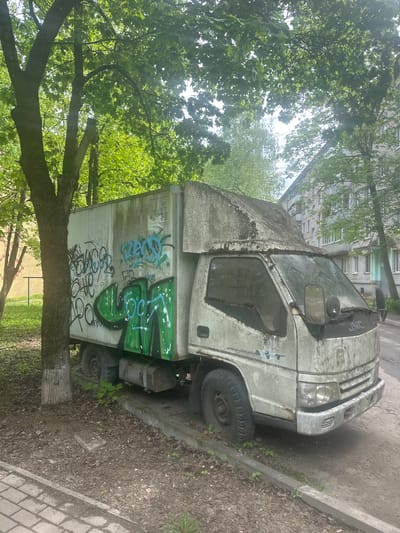 An abandoned, graffiti-covered, white commercial truck sits parked beside a tree and a concrete sidewalk in Selyatino, Russia. The truck, seemingly dilapidated, is parked along the edge of a paved area covered with loose dirt and scattered leaves. A building is partially visible in the background, obscured by the dense foliage of several trees. The overall scene suggests neglect and urban decay.