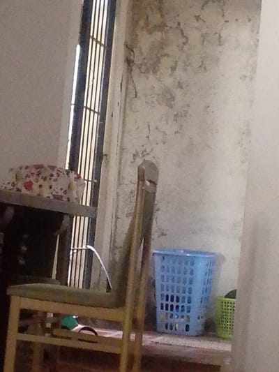 This image captures an indoor scene, likely a room in Atamo Sur, Venezuela. A wooden chair with a green seat is positioned in the foreground, partially obscuring a laundry basket and a smaller green basket. Behind the chair, a window with vertical bars is visible, allowing light to stream in and creating a striped pattern on the wall. The wall itself has a textured, mottled appearance. On a surface to the left of the chair, a fabric item with a floral pattern is draped. The overall impression is of a functional, perhaps utilitarian, space.
