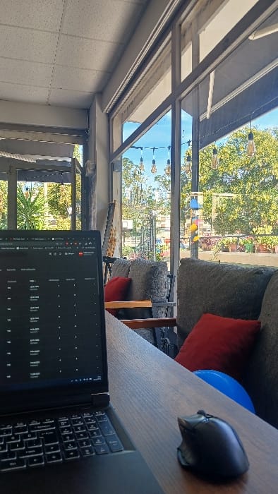 The image depicts an indoor scene looking out through large windows onto an urban exterior in Karşıyaka, Turkey, during daylight hours.
In the foreground, a black laptop with its screen illuminated is positioned on a dark brown wooden table, angled to the left. The laptop screen displays a dark interface with multiple lines of text and numerical data, characteristic of a spreadsheet or dashboard. A black wireless computer mouse rests on the table to the right of the laptop.
In the midground, behind the table, two gray upholstered armchairs or sections of a sofa are visible, each with a dark red throw pillow. A blue object, possibly a balloon or another pillow, is partially visible between the table and the rightmost seating unit. The interior features large, dark-framed windows extending from the floor towards a light-colored, possibly acoustic tile, ceiling. Several Edison-style light bulbs hang from cords near the windows as decorative elements.
The background, visible through the windows, shows a clear blue sky with sparse clouds and abundant green foliage from trees, suggesting a park or tree-lined street. A light pole or street fixture adorned with blue, yellow, and possibly pink elements is visible in the distance. Below the trees, there are planter boxes containing various green and flowering plants, indicative of a maintained outdoor space, possibly a pedestrian area or sidewalk. No individuals are visible in the scene, nor are specific actions or interactions depicted.