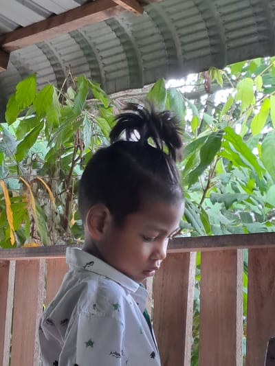 An outdoor shot features a young boy in profile, his face turned downwards and slightly to the right, with his hair styled in a top knot. He is wearing a white collared shirt with a pattern of small green stars and dark fish. The background consists of lush green foliage and trees, suggesting a natural or tropical environment. A corrugated metal roof is visible above, supported by wooden beams. Wooden railings run across the foreground. The scene is likely situated in Geulanggang Baro, Indonesia, given the contextual information.