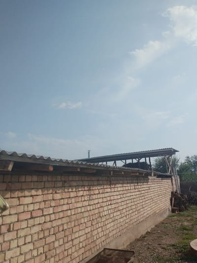 This media file captures an outdoor scene on a clear, bright day, likely in the late morning or early afternoon. The foreground is dominated by a long, light-colored brick wall that extends horizontally across the frame. The bricks show some variation in color, with shades of beige, yellow, and pink, and are laid in a standard running bond pattern. Above the brick wall, a simple roof structure is visible, supported by wooden beams. This roof appears to be covered with corrugated material, possibly asbestos or metal, and has a wavy texture. Further back, another similar roof structure is seen, with a metal chimney pipe rising from behind it.
The sky above is a pale blue, with a few wispy white clouds scattered across it. To the far right of the image, a cluster of green trees forms a backdrop, suggesting a rural or semi-rural setting. On the ground next to the brick wall, there are piles of dark material that appear to be organic matter or debris, possibly brushwood. A small portion of a wooden object, possibly a bench or support, is also visible among the debris. In the lower left corner, a metal mesh object, possibly a grate or container, is partially visible.
There are no people or animals present in the image. The overall impression is one of a utilitarian structure, likely an outbuilding or a covered work area, set against a natural outdoor environment. The lighting suggests a sunny day with no indications of rain or harsh weather. The location cues, such as the brickwork style and the surrounding vegetation, are consistent with a setting in Mady, Kyrgyzstan. No text is visible in the image.