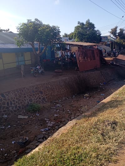 The image depicts a sunny, outdoor scene in Namanga, Kenya, likely captured during late morning or early afternoon given the bright sunlight and clear sky, which cast distinct shadows.
In the foreground, a dry, stone-lined channel or ditch runs diagonally across the lower half of the frame. This channel is heavily littered with various pieces of trash, including plastic bags, paper, and other refuse. Its banks are covered with a mix of dry grass and scattered green vegetation.
The mid-ground showcases a bustling roadside area characterized by informal structures and activity. A large, leafy tree dominates the left-center, with two motorcycles parked beneath it. To the left of the tree, a light yellow building with a blue corrugated iron roof is visible. To the tree's right, a larger, open-sided structure, possibly a workshop or a roadside stall, is present, covered by a rudimentary roof. A prominent reddish-brown corrugated metal gate or barrier leans against this structure. Several individuals can be vaguely seen under its shade, appearing to be engaged in work or socializing. A discarded tire lies on the ground near the tree.
In the background, more buildings, trees, and additional motorcycles are visible, suggesting a continuation of the roadside activity. Power lines are visible in the upper part of the sky. Two signs are present in the distant background, but the text on them is too blurry and far to be deciphered. The scene conveys a sense of daily life in a bustling, semi-urban environment, where informal commerce and motorcycle transport are prevalent. The significant amount of debris in the channel highlights local waste management challenges.