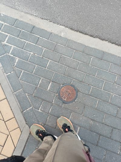 An overhead, slightly angled, outdoor medium shot shows a person's feet wearing green and orange athletic shoes standing on a cobblestone sidewalk. The sidewalk is paved with grey rectangular bricks laid in a stretcher bond pattern, with a concrete border separating it from a darker asphalt surface. A circular, rusty metal utility cover is embedded in the cobblestones. The image was taken in Grudziądz, Poland, on the street.