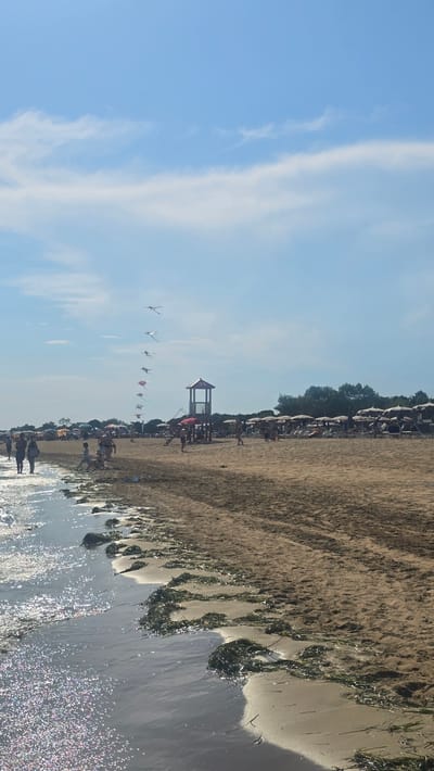 The image depicts a sunny day at a crowded beach in San Michele al Tagliamento, Italy. The scene is oriented vertically, with the sky occupying the left portion and the beach and sea on the right. Several people are visible on the sandy beach, some walking, others presumably sunbathing or enjoying the day. Numerous beach umbrellas are set up in rows along the shore, suggesting a popular recreational area.

In the middle ground, a lifeguard tower stands prominently, painted in a muted red and beige. To the left of the tower, a line of kites is being flown, adding a playful element to the scene. The sea is calm, with gentle waves lapping at the shore, and the water reflects the bright sunlight, creating a shimmering effect. Seaweed is visible along the waterline, mixed with the wet sand.

The sky is a clear blue with wispy white clouds, indicating fair weather. The overall impression is one of a pleasant and lively summer day at the beach, with a focus on leisure activities and relaxation. The time of day appears to be late morning or early afternoon, given the bright sunlight. No text is visible in the image.
