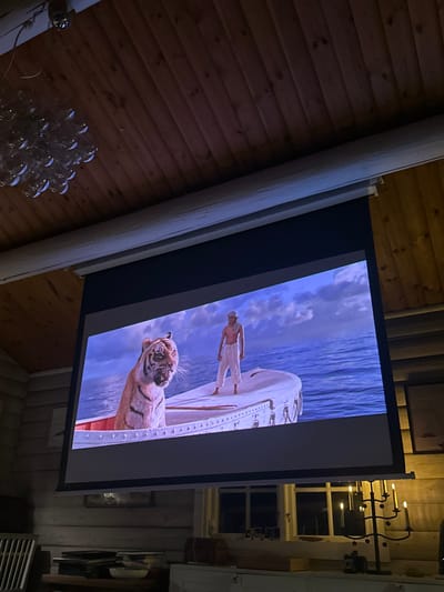A projected movie fills a retractable screen. The scene features a man on a white boat, with a tiger in the foreground. The room has wood-paneled walls and ceiling, with a white support beam bisecting the image. A chandelier hangs in the lower left. To the right of the screen, a window with a black chandelier in front is visible, along with glimpses of the room's furnishings and a vent.