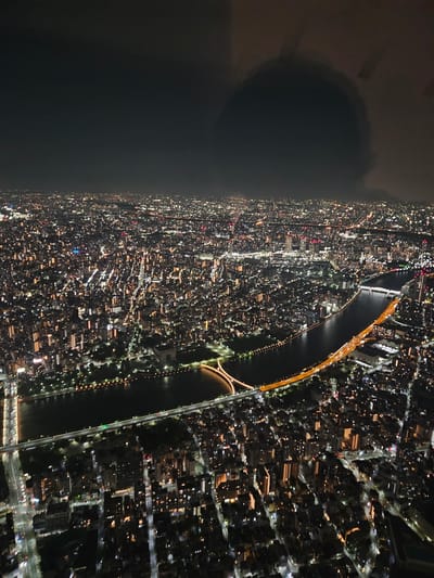An aerial nighttime view of the Sumida River flowing through Sumida, Japan, features bridges illuminated along its curving path. The city sprawls with dense building arrangements punctuated by streetlights, presenting a luminous urban network. To the left, a substantial dark, blurred form obscures part of the cityscape, likely representing the interior of an observation structure.