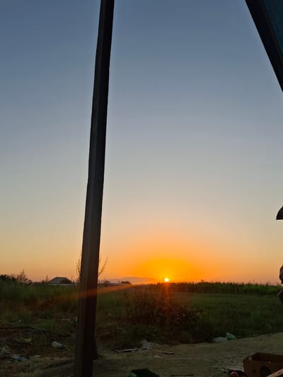 The image captures a sunset over a rural area, likely in or near Utmayli, Uzbekistan. The sky transitions from a pale blue at the top to a vibrant orange glow near the horizon where the sun is setting. A dark, vertical wooden post is prominent in the foreground, dividing the frame. To the left of the post, sparse vegetation and some scattered debris, including plastic bags and wrappers, are visible on the ground. Beyond this, a field of green grass and plants stretches towards the horizon, with a building or structure visible in the distance. The right side of the image shows a dark, indistinct object, possibly part of a structure or canopy. The overall impression is a natural landscape viewed from a somewhat unkempt or undeveloped location.