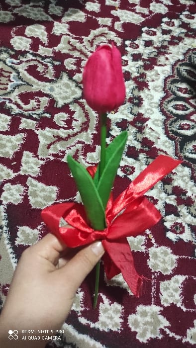 The image displays a close-up, indoors scene. A single artificial red tulip is centrally held by a human hand against a patterned rug or carpet.
The tulip features a vibrant red, closed flower head atop a thin green stem. Two green, fabric leaves are positioned on the stem just below the flower. A glossy red satin ribbon is tied into a bow around the stem, below the leaves.
A person's hand, with fair skin and visible fingernails, grasps the lower stem of the artificial tulip. The thumb and index finger are primarily visible in the action of holding the stem.
The background consists of a textile, likely a rug or carpet, with a deep maroon or burgundy base color. It features an intricate, repeating pattern of light beige or off-white abstract floral or ornamental designs, interspersed with darker outlines.
A digital watermark "REDMI NOTE 9 PRO AI QUAD CAMERA" is visible in the bottom-left corner of the frame. The specific location within Pakhtakor, Uzbekistan, cannot be determined from the visual information provided in the image.