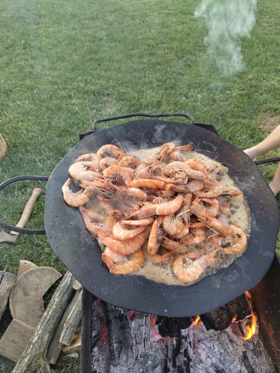 A large, round, black cast-iron pan is filled with numerous pink and orange shrimp, which are simmering in a light-colored liquid. The pan is positioned over an open fire pit, where burning logs and embers are visible. Smoke is rising from the shrimp, indicating they are being cooked. The scene is set outdoors on a grassy area. To the left of the pan, there are several pieces of chopped wood stacked, and an axe with a wooden handle rests against the grass. In the upper right corner, a person's bare legs and feet are visible, suggesting their presence at the scene. The overall setting implies an outdoor cooking event.