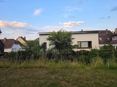 This is an outdoor, eye-level photograph of a residential area in Höxter, Germany, on a clear day with scattered clouds. In the foreground, a grassy lawn with some fallen leaves stretches across the bottom of the frame. Behind the lawn is a dense, overgrown hedge and tall grass, with some wildflowers visible.
Beyond the vegetation, several houses are visible. A modern, white, two-story house with a flat roof and a dark, rectangular window is situated in the center of the image. To its left is a light blue house with a brown tiled roof and several windows. Further to the left, a dark structure, possibly a garage or shed, is partially visible. To the right of the white house, a traditional house with a red-brown tiled roof and dormer windows can be seen. The sky above is a bright blue with fluffy white and pinkish clouds. The scene appears to be a quiet suburban or semi-rural setting. No people or animals are present in the image.