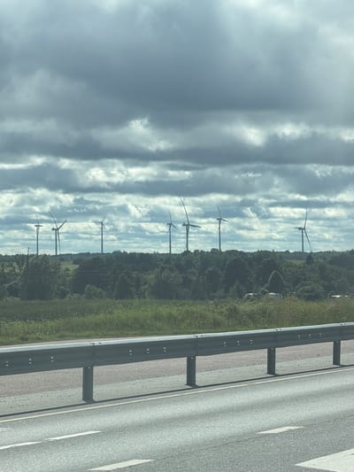 An eye-level, medium shot captures a landscape in Purtse, Estonia, under a cloudy sky. In the foreground, a grey metal guardrail runs horizontally across the frame, supported by posts. A paved road with white lane markings is visible in front of the guardrail. Beyond the road, a green grassy field stretches into the distance, transitioning into a dense line of trees. Further back, a row of wind turbines stands silhouetted against the overcast sky, their blades varying in position. The overall scene depicts a rural or semi-rural environment with industrial elements.