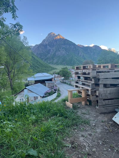 The image depicts a rural landscape in the city of Sioni, Georgia, bathed in the golden light of either sunrise or sunset. In the foreground, a pile of stacked wooden pallets dominates the right side of the frame. To the left, lush green grass and various plants, including some yellow wildflowers, grow wild. A narrow, paved road winds its way through the scene, passing by a few modest houses with corrugated metal roofs. One house features a fence adorned with blooming purple flowers. In the distance, majestic green mountains rise, their peaks catching the warm sunlight. The sky above is a clear, brilliant blue, with only a few wisps of clouds. The overall impression is one of rustic tranquility and natural beauty.