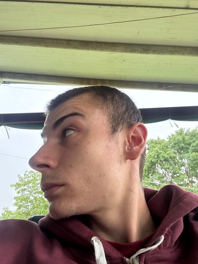 The image is a selfie taken from a low angle, slightly skewed, featuring a person with short, dark hair and wearing a maroon hoodie. The person is looking downwards with their left eye visible. The background includes a light green wooden structure on the left and glimpses of trees and sky towards the top. No specific location in Dabovets, Bulgaria is identifiable.
