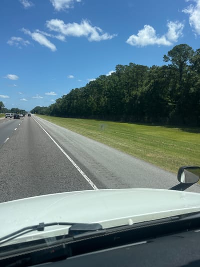 A white truck's dashboard is visible in the foreground, with windshield wipers and a portion of the hood. The view extends to a highway with several lanes and other vehicles, including cars and a truck. The highway is bordered by a grassy shoulder and a dense line of green trees. The sky is blue with scattered white clouds. The scene appears to be a daytime drive on a highway in or near Riceboro, United States.