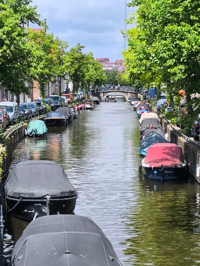 This is a photograph taken from a high vantage point, looking down a canal in Haarlem, Netherlands. The canal is lined with trees on both sides, casting shadows on the water. Several boats are moored along the canal, some covered and some not. The boats vary in size and color. On the left bank of the canal, there are buildings and parked cars. On the right bank, there are more boats and trees. In the background, a bridge crosses the canal, with a few people visible on it. The sky is partly cloudy. One of the boats in the foreground has "Haarlem" written on its stern.