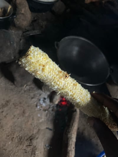 A hand holds up a partially eaten cob of corn over a fire pit. The corn kernels are a pale yellow, and some appear slightly charred from roasting. In the background, a large metal pot sits on the ground, and embers glow red from the fire. The scene is dimly lit, suggesting it is nighttime or taking place indoors in low light. The ground appears to be dirt or sand, with scattered rocks and twigs. The overall impression is one of rustic, outdoor cooking. The location is Aiyegunle, Nigeria.