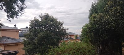 The image depicts a view of residential buildings and trees under a cloudy sky in Los Ángeles De San Rafael, Spain. The buildings have sloped, dark-tiled roofs and light-colored walls. Several of the buildings feature round, grey chimney caps. Dense green trees, including a large oak tree in the foreground, partially obscure the view of the houses. The overall atmosphere is overcast, suggesting a potentially cool or damp day. No people are visible in the scene.
