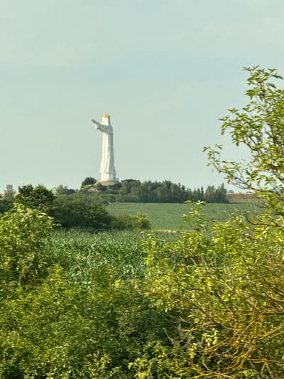 A tall, white statue of Jesus Christ, wearing a golden crown, stands on a hill. The statue's arms are outstretched. The statue is located in Osogóra, Poland. In the foreground, there are green trees and a field of crops. The sky is a pale blue. The image is taken from a distance, and the details of the statue are somewhat blurry.