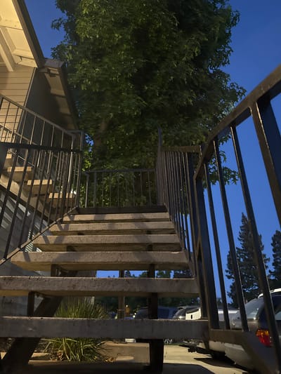 The image shows an outdoor concrete staircase with black metal railings. The staircase is viewed from a low angle, looking upwards. Behind the staircase, a large green tree is visible against a clear blue twilight sky. To the left of the staircase, a portion of a beige building with a white overhang is visible. In the background, several cars are parked. The scene appears to be in an urban or suburban residential area. There are no people or animals in the image, and no actions or interactions are depicted. The location is a residential exterior in Sacramento, United States.