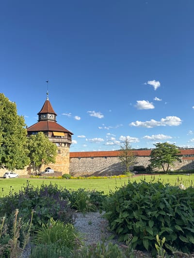 This image depicts the Esslingen Castle Wall and the city's tower, situated in Esslingen am Neckar, Germany. The scene captures a sunny day with a bright blue sky dotted with fluffy white clouds. In the foreground, a well-maintained garden features lush green grass and various flowering plants, including purple flowers and tall green foliage. Beyond the garden, a stone wall with a red-tiled roof stretches across the middle ground. To the left, a prominent stone tower with a red conical roof stands tall, adorned with a clock face and topped with a small flag. Trees with vibrant green leaves surround the tower and the wall, casting shadows on the ground. A white car and a silver van are parked near the wall, suggesting a public area. In the distance, more buildings and trees are visible, hinting at the broader cityscape. The overall atmosphere is serene and picturesque, showcasing a blend of historical architecture and natural beauty.