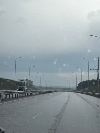 The image captures a somber, rainy day on a multi-lane highway or bridge, possibly in Alexandrovskoye, Russia. The view is taken from a moving vehicle, with numerous water droplets and blurred spots visible on the windshield or camera lens, indicating active rain or recent precipitation.
The wet road surface occupies the right half of the frame, showing streaks and reflections from the muted overhead light. It extends diagonally from the bottom right towards the distant horizon, curving gently. A long, orderly row of streetlights lines the right side of the highway, their curved arms reaching over the lanes, creating a strong sense of depth and perspective as they recede into the overcast distance.
In the mid-ground, a large white truck, likely a semi-trailer, is visible on the highway, traveling in the same direction. Indistinct white text can be seen on its front grille, but it is too blurry to decipher. The background on the left consists of a vast, uniformly gray and cloudy sky, indicating heavily overcast weather. Beneath the sky and beyond the road, a dark, hilly, or forested landscape is faintly visible in the far distance, shrouded in mist or rain.
The overall mood of the scene is subdued and industrial, characteristic of travel during inclement weather. The time of day appears to be daytime, though the heavy cloud cover gives it a dim, twilight-like appearance.