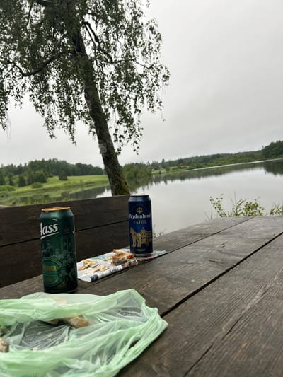 The image depicts a rustic wooden table outdoors, set with two beer cans, a crumpled newspaper, and a light green plastic bag containing food scraps. One beer can is green with the label "Aass" and "Pilsner," featuring an illustration of men in historical attire. The other can is blue with the label "Frydenlund Fatol" and an illustration of a horse-drawn carriage. The table is situated on a slightly elevated vantage point overlooking a tranquil lake, bordered by lush green trees and fields. In the distance, a few small red-roofed houses are visible, suggesting a rural or suburban setting. The sky is overcast, creating a diffused, soft light. The overall impression is one of a casual outdoor gathering or a moment of rest in a natural environment. The location is identified as the city of Vestby, Norway.