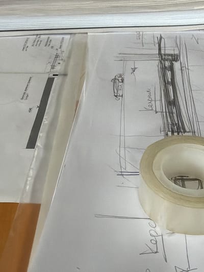 The image shows a close-up of a desk with architectural or technical drawings. A roll of clear tape is prominently featured in the foreground, partially covering a sketch. The sketches on the paper appear to be architectural plans or diagrams, with lines, annotations, and possibly representations of buildings or structures. One of the papers has text in Russian, and the context of Novo-daryino RAN, Russia, suggests the location of the office or workspace where these documents are being used. There are no people visible in the image. The environment appears to be an indoor office or studio setting.