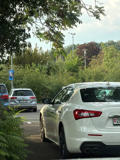 The image shows a street scene in Singen (Hohentwiel), Germany. Two cars are parked on the right side of the road, with a row of trees and vegetation lining the left side and background. The foreground is dominated by lush green foliage.

The car closest to the viewer is a white SUV, possibly a Maserati Levante, with its rear end visible. It has a distinctive taillight design and dual exhaust pipes. The license plate, partially visible, is from Switzerland, indicated by a Swiss cross on a red background. The second car, parked behind the white SUV, is a silver Volkswagen hatchback, likely a Golf, with a German license plate that reads "KN AK 280".

A blue and white sign is mounted on a pole between the cars and the trees. It appears to be an informational or advertisement sign, though the text is difficult to read clearly. The scene is bathed in daylight, suggesting it's daytime, and the lighting indicates sunny weather with some shadows cast by the trees. The overall impression is a quiet, everyday scene in a suburban or semi-urban area.