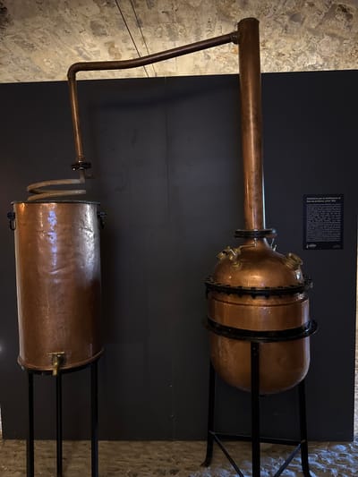 This is a forensic, matter-of-fact description of a copper alembic used for distilling flowers, located in Dolceacqua, Italy. The alembic is comprised of two main components: a large cylindrical vessel on the left, which likely served as the boiling chamber, and a bulbous retort on the right, connected to a tall column.
The cylindrical vessel on the left is made of hammered copper and is elevated on a black metal stand with three legs. It features two black ring handles on its sides and a brass spigot at the bottom. A coiled copper pipe emerges from the top of this vessel and connects to the retort.
The retort on the right is also made of copper and is more intricately shaped. It is mounted on a black metal stand with four legs, two of which are visible. The retort has several brass fittings, including a valve-like element and a threaded opening. A tall copper pipe extends upwards from the retort, connecting to a horizontal pipe that runs towards the left.
Behind the alembic is a dark gray, flat surface, possibly a wall or partition. To the right of the alembic, a black informational plaque is mounted on the dark surface. The plaque has text in Italian, accompanied by a logo at the bottom. The environment appears to be indoors, with a stone floor visible in the foreground and a textured, light-colored ceiling above. The lighting is somewhat dim, creating subtle highlights and shadows on the copper surfaces. No people or animals are present in the image.