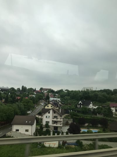 This image captures an elevated view of a residential area in Bulai, Romania, under an overcast sky during daytime. The perspective is from a high vantage point, likely a vehicle, looking down and across a valley or hillside.

In the immediate foreground, a metallic guardrail spans horizontally across the lower portion of the frame, partially obscuring a grassy slope. Behind the guardrail, a sign with the text "YANG MING" and an associated logo is partially visible.

The midground features a dense residential neighborhood characterized by numerous detached houses with pitched roofs, varying in color from brown and red to dark grey. Abundant green trees and vegetation cover the undulating terrain, interspersed among the houses and lining a winding asphalt road that traverses the neighborhood. Several vehicles are visible on the road, some parked and others in motion. One house features a visible blue swimming pool in its backyard. Architectural styles vary, with some houses having balconies and multiple windows.

In the background, more tree-covered hills rise, with a few larger buildings visible on the distant treeline, including a prominent white structure.

The upper portion of the image is dominated by significant reflections, indicating the photo was taken through a window. These reflections include inverted text that reads "ISSUE DE SECOURS" (Emergency Exit in French), as well as faint silhouettes of objects and a tall, tower-like structure, all superimposed over the cloudy sky. No identifiable individuals are clearly discernible in the scene.