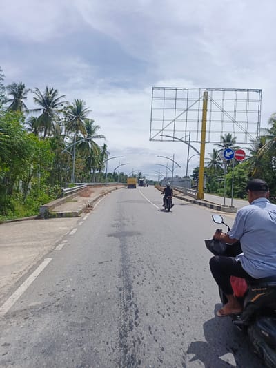The image depicts a road scene in Meunasahpulo, Indonesia, on a cloudy day. In the foreground, a person is riding a motorcycle, seen from behind. The motorcycle is dark-colored with "VARIO" branding visible on the side. The rider is wearing a light blue short-sleeved shirt, dark pants, and light brown sandals. They are holding onto the handlebars and what appears to be a black plastic bag.
The road itself is asphalt and appears somewhat worn, with some oil stains or dark marks. There is a white dashed line marking the lane on the left side of the image. To the left of the road, there is a concrete sidewalk and a grassy embankment covered in vegetation, including trees and palm trees.
Further down the road, there are other vehicles. A motorcycle with a rider is visible in the middle distance. A yellow truck is driving away from the camera in the left lane. A bridge structure spans the road in the background, with lampposts lining the sides.
On the right side of the road, a large, empty billboard frame supported by a yellow pole is prominent. Next to the billboard are two traffic signs: one a blue arrow indicating a left turn, and the other a red circle with a diagonal line, typically indicating "no entry" or "prohibited." Palm trees and other lush green foliage are abundant on both sides of the road, characteristic of the tropical environment. The sky is overcast with scattered clouds.