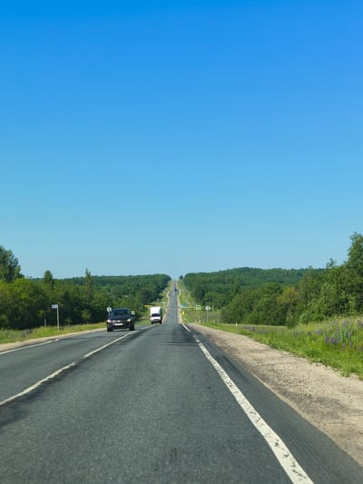 A view from the perspective of a vehicle driving on a paved, multi-lane highway in a rural area. The highway stretches towards a distant horizon, characterized by rolling hills covered in dense green forest. The sky is a clear, bright blue. In the foreground, the road surface shows signs of wear, with a white lane marking and some dark patches. A black SUV is traveling in the left lane ahead, and a white delivery truck is in the right lane, also moving away from the viewer. To the left of the road, there is a signpost with the number "222" on it, and a yellow pedestrian crossing sign. The right shoulder of the road is a gravel and dirt verge, lined with green grass and blooming purple wildflowers. The overall impression is a sunny, clear day on a rural highway. This scene is consistent with the landscape found on the M7 highway (Volga Highway) as it approaches the city of Makaryev, Russia, specifically in an area characterized by forests and open stretches of road.