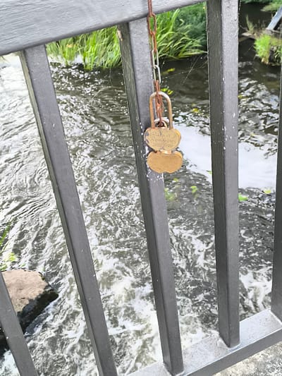 A close-up shot captures two heart-shaped love locks hanging from a rusty chain attached to a dark metal fence. The locks are a golden color and appear to be worn, with faint engravings visible on the top lock. The scene is set outdoors, with a body of flowing water visible through the fence. Green reeds and grass grow along the bank of the water, suggesting a natural setting. The water appears turbulent, with white foam and ripples indicating movement. There are also some cobwebs visible on the fence, hinting at the age of the locks or a lack of recent maintenance.

The top lock has visible text engraved on it. The first line reads "Rūta ir" and the second line reads "Remigijus". The third line contains a date: "2023.10.27". This suggests the locks represent a romantic connection between Rūta and Remigijus, perhaps placed on an anniversary or special occasion. The setting near water and greenery, coupled with the tradition of love locks, points to a romantic or sentimental location. The overall impression is one of enduring affection, possibly in a quiet, natural spot.