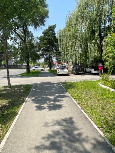 This media file captures an outdoor scene in Spassk-Dal'nij, Russia. The image displays a sidewalk running alongside a street lined with trees. Several cars are parked along the side of the street. A person wearing a red and black jacket is visible near the parked cars, possibly interacting with them. The overall scene suggests a typical day in a residential or urban area, with elements of nature like trees and grass interspersed with man-made structures like the sidewalk and road. The time of day appears to be daytime, likely morning or afternoon, judging by the clear sky and the presence of shadows cast by the trees. The weather seems pleasant, with ample sunlight. There is some visible text on license plates of the cars, but it is not legible. The image is captured from a slightly angled perspective, giving a sense of depth to the scene.