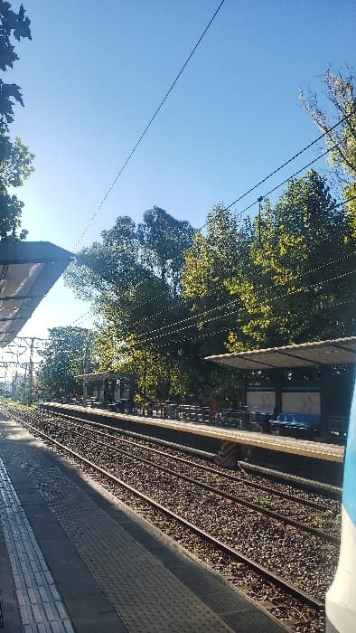 The image depicts a train station platform scene in the city of Partido de Quilmes, Argentina, under a clear blue sky with strong sunlight. The foreground features a concrete platform with dark gray tactile paving strips running horizontally. Adjacent to this platform are multiple sets of train tracks laid on gravel ballast, extending into the distance towards the upper left. Directly across these tracks is a second, elevated platform constructed of light-colored material, possibly concrete, with a yellow edge.
Along the far platform, several dark-framed shelters with light-colored canopies are visible. Under one of these shelters, approximately in the mid-ground, a single individual wearing red clothing stands. To the right on this far platform, blue benches are installed beneath another canopy. A blue and white sign, possibly indicating the station name or route information, is attached to the rear wall of this shelter. A red and white striped marker pole stands upright between the tracks near the far platform.
Numerous overhead electrical lines and support wires crisscross the upper portion of the frame against the bright sky. A dense line of mature green trees with sun-dappled foliage forms the background beyond the far platform, extending across most of the upper right side of the image. On the extreme left, a dark-colored canopy structure partially frames the sky. A vertical white and light blue structure, possibly part of a train or another platform element, is visible on the far right edge of the frame. Shadows are cast by the overhead structures and trees, indicating a bright, sunny day.