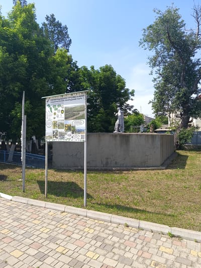 The image depicts an outdoor scene in Maiaky, Odesa Oblast, Ukraine, featuring an informational sign for the Lower Dniester National Nature Park, a concrete pedestal with a statue, and surrounding natural and architectural elements under clear daylight.
In the foreground, a multi-colored paved pathway, consisting of grey, beige, and reddish-brown rectangular pavers, runs along the bottom left. This pathway is bordered by a concrete curb, separating it from a strip of sparse, dry grass.
Dominating the midground is a large, white informational signboard supported by four metal posts (two in front, two behind). The sign's title, written in Ukrainian, reads "НИЖНЬОДНІСТРОВСЬКИЙ НАЦІОНАЛЬНИЙ ПРИРОДНИЙ ПАРК," which translates to "Lower Dniester National Nature Park." The sign's content includes a map, various photographs of river landscapes, flora, fauna (including birds and insects), illustrations of plants, and two QR codes, all set against a green graphic background. Shadows of the signposts are cast onto the grass to the right.
To the right of the sign, behind the grassy area, stands a large, rectangular concrete pedestal. The pedestal's surface is weathered, displaying cracks and minor discoloration. On top of this pedestal, a light-colored statue of a figure, possibly male, stands facing slightly left. The figure appears to be wearing a long coat and holding an indistinct object in its left arm. Partially visible behind this main statue on the pedestal are a smaller, less distinct figure and a brown, wooden-like object.
Behind the sign and pedestal, a dense array of trees forms a green backdrop. On the far right, a large tree with a thick, gnarled trunk and partial foliage stands prominently. To the left of the pedestal, a blue metal fence with vertical bars is partially visible, behind which more trees and what appear to be older, worn concrete markers or structures are present.
In the background, above the treeline, a small section of a white building with a dark roof is visible on the right side. An antenna or mast extends above the central treeline. The sky is bright blue with minimal, wispy clouds, indicating clear weather. The sun is positioned to the left, casting distinct shadows towards the right side of the scene.