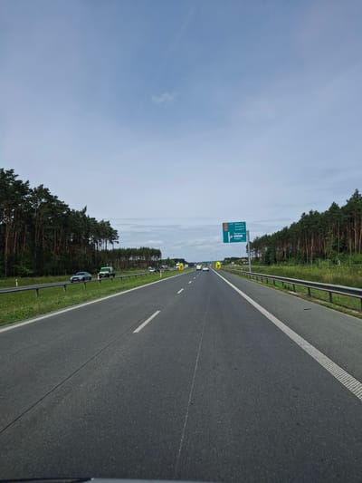 The image captures a view from a vehicle traveling on a multi-lane highway through a forested area, likely in or near Lisi Ogon, Poland. The highway is asphalt with clear white lane markings. On the left side of the road, a line of tall, dense pine trees forms a natural barrier. A metal guardrail runs along the edge of the highway. Several cars are visible on the road, including a silver sedan and a green utility vehicle. A large green directional sign is mounted on a pole above the highway on the right side, indicating directions to various cities including Gdansk, Szczecin, Koszalin, and Bydgoszcz, with corresponding route numbers. The sky above is a light blue with some wispy clouds. The environment appears to be rural, characterized by the extensive woodland bordering the highway.
