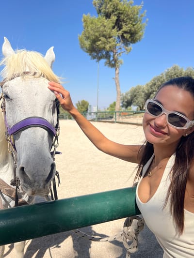 The scene is located in Merom HaGalil Regional Council, Israel, depicting an outdoor riding arena under a clear blue sky.
A female subject, a young adult with dark hair pulled back, is positioned on the right side of the frame. She wears a light-colored ribbed halter-neck top, light-framed sunglasses, and a thin gold necklace. Her left hand is extended, resting gently on the forehead of a white or light-grey horse, which occupies the left side of the frame. The horse has a white mane and is fitted with a purple halter and bridle hardware.
A dark green horizontal barrier or post runs across the lower foreground, with a patterned rope secured around it. In the background, a tall evergreen tree stands prominently. To its right, several smaller trees, some resembling olive trees, are visible. A light-colored fence and faint distant structures can be discerned on the horizon. The environment is brightly illuminated by direct sunlight.
