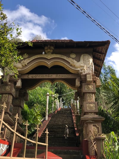 A medium shot captures a detailed view of an elaborately decorated archway leading to a long, stone staircase in Walahanduwa, Sri Lanka. The archway is adorned with intricate carvings, including what appear to be mythical creatures on either side of the central arch and decorative floral patterns on the supporting pillars. The roof of the archway is tiled with reddish-brown tiles, and in the background, lush green foliage and trees are visible. The sky above is a clear blue with a few wispy white clouds.
Dominating the foreground and midground of the image are the steps of a stone staircase, ascending towards an unseen destination. A small, light-colored dog is standing on the staircase, looking towards the camera. The staircase is flanked by a red-painted railing on the left and continues upwards into the dense greenery. The overall scene suggests a religious or cultural site, given the architectural style and the presence of the staircase leading upwards. The lighting indicates it is daytime, likely morning or afternoon, with sunlight casting shadows and highlighting the textures of the stone and carvings.