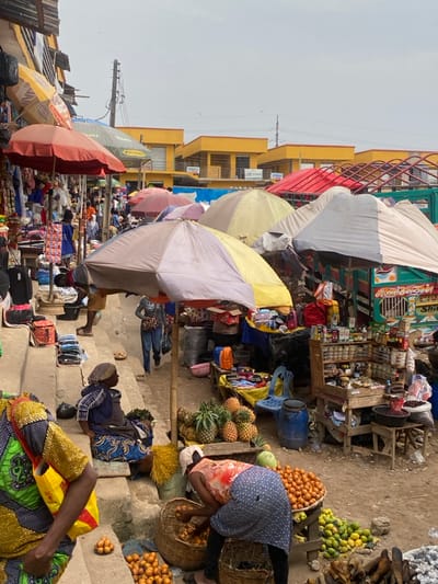 The image captures a vibrant and bustling outdoor market scene, likely in a town or city in an African country. The perspective is slightly elevated, looking down into a crowded area filled with stalls, merchandise, and people. The sky is overcast and light, suggesting daytime.
In the foreground, towards the bottom right, a person is partially visible, wearing a brightly patterned dress in green, yellow, and red. They are sitting or crouching, with a yellow and red bag resting on their shoulder. Adjacent to them, concrete steps descend into the market. Another individual, dressed in a blue and gold patterned garment, is seated on these steps. Further up the steps, another person is seen leaning forward.
On the right side of the image, closer to the mid-ground, a woman wearing a blue and white polka-dotted top and a light-colored skirt is bending over, attending to baskets filled with fruits, possibly oranges or mandarins. Nearby, a pile of pineapples is displayed on a wooden stand. Next to these fruits, various stalls are set up, displaying a wide array of goods. One stall features numerous small items on shelves, potentially toiletries, snacks, or small electronics. A blue plastic barrel and a blue plastic chair are also visible among the merchandise. Another area showcases large quantities of green citrus fruits, likely limes or small oranges, arranged on the ground.
The market is heavily shaded by numerous large, colorful umbrellas of various hues, including white, grey, yellow, purple, red, and blue, providing protection from the sun or rain for the vendors and their goods. These umbrellas create a patchwork canopy across the middle ground of the image. Beneath and around these umbrellas, more people can be seen moving about, standing, or attending their stalls. The ground appears to be a mix of dirt and uneven pavement.
In the background, on the left side, multi-story buildings with distinctive yellow facades and red balcony railings line what appears to be a street or pathway. Some small, white signs are affixed to these buildings, but the text is largely illegible due to distance and resolution; one sign might contain the word "HOTEL" or similar. Power lines and a utility pole are visible against the sky on the far left. The overall impression is one of lively commerce and daily activity in a busy urban market.