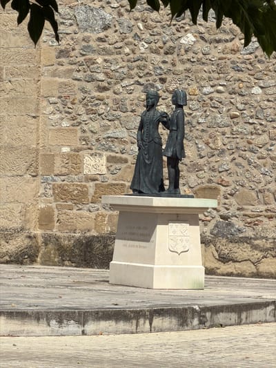 A bronze statue of two young figures, likely children or adolescents, stands on a light-colored stone pedestal in front of a textured stone wall. The figure on the left appears to be wearing a dress with elaborate trim, and the figure on the right is dressed in a tunic and breeches. The statue is located in a courtyard or plaza with stone paving. A coat of arms is visible on the front of the pedestal. The scene is bathed in natural sunlight, and a portion of a green leaf is visible in the upper left corner, suggesting the presence of nearby foliage. The inscription on the pedestal is partially visible, reading "ICI LE 8 AVRIL 1550 A ETE CELEBRE LE MARIAGE DU FUTUR ROI DE FRANCE CHARLES VII AGE AVEC JEANNE DE BOURBON". This inscription indicates the location is Mercurol-Veaunes, France, and commemorates the marriage of Charles VII.