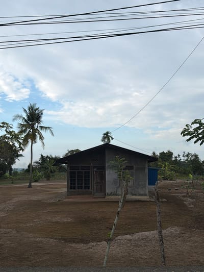 The image portrays a rural residential scene in Ietarek Dua, Indonesia, under a partially overcast sky with visible blue patches. The primary subject is a single-story, unpainted grey concrete house with a dark, pitched roof. Its front facade features multiple dark-framed windows on the left, a central wooden door, and one window to the right. Decorative concrete vents are present above the door. A slender tree with sparse green leaves stands in front of the house's right side. A small, blue, shed-like structure is visible behind the house to the right.

The immediate ground area consists of dry, reddish-brown earth with minimal vegetation. In the foreground, two lean, angled wooden stakes or dead saplings rise from the ground. A tall coconut palm tree stands prominently to the left of the house, while a smaller palm tree appears directly above the house's roofline. The background contains dense tropical foliage, including banana plants near the blue shed, and distant trees. A faint, light grey plume, possibly smoke or haze, is discernible in the far left background. Multiple dark overhead wires or cables traverse horizontally and diagonally across the upper third of the image. No individuals, actions, or interactions are visible in the scene.
