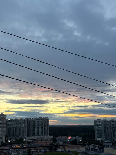 The image captures a twilight cityscape with a vast sky filled with clouds tinged with pink and yellow hues. Four prominent black power lines stretch diagonally across the frame from the upper left to the lower right, obscuring portions of the sky. Below the sky, a dense, dark green forest forms a horizontal band across the middle ground. Several multi-story residential buildings, characteristic of urban development, are visible in the foreground and mid-ground, some illuminated from within. On the left side, a large, light-colored building with many windows dominates the view. To the right, another tall, rectangular building with a lighter facade stands out. Roads with vehicles can be seen in the lower left section of the image, indicating urban traffic. The scene appears to be a panoramic view of a suburban or city edge area, possibly the city of Otradnoye, Russia, given the architectural style and dense forestation often found in such locations. The overall atmosphere is calm and serene, with the natural beauty of the sunset contrasting with the man-made structures.