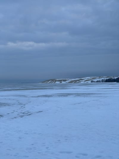The scene depicts a winter landscape in Morskoye, Russia. In the foreground, a snow-covered expanse shows numerous footprints, indicating pedestrian activity. This snowy area transitions into a body of water in the midground, which is largely frozen with visible ice formations and some darker, possibly less frozen sections. The water extends towards a distant landmass on the horizon. The background features a series of snow-dusted dunes or hills, exhibiting patches of exposed underlying terrain or sparse vegetation. To the right, a dense line of dark evergreen trees is visible at the base of these elevated landforms. The sky is uniformly overcast with a thick layer of gray clouds, suggesting dim, diffused light typical of winter conditions. No individuals or active interactions are observed.