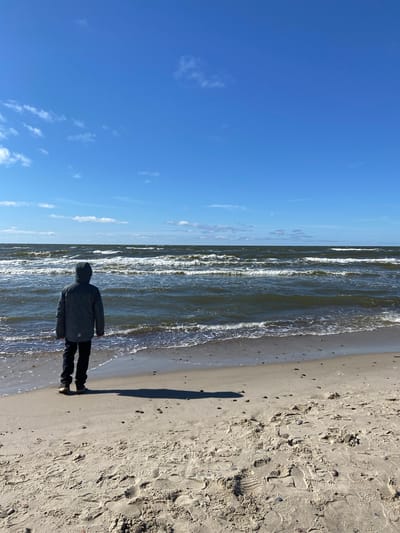 A photograph captures a lone individual standing on a sandy beach at Morskoye, Russia, gazing out at the sea under a bright blue sky. The scene is illuminated by sunlight, indicated by the person's long shadow stretching across the sand. The person is viewed from behind, wearing a dark jacket, possibly hooded, and dark trousers. They stand at the water's edge where gentle waves are breaking on the shore. The sea appears calm with small whitecaps visible on the waves. The beach is composed of light-colored sand, marked with numerous footprints, shells, and small pebbles. The sky above is mostly clear with a few scattered white clouds. The time of day appears to be either early morning or late afternoon, given the extended shadow. The overall mood is peaceful and contemplative. No visible text is present in the image.