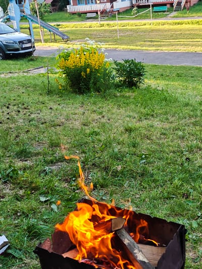 In the city of Sosny, Ukraine, a mid-shot captures a scene outdoors on a grassy area. In the foreground, a metal barbecue grill contains a roaring fire with visible flames and burning logs. To the left of the grill, a white cardboard box is partially visible. In the mid-ground, a cluster of bright yellow flowers stands out against a backdrop of lush green grass and a small green bush. Further in the background, a grey car is parked. Beyond the car, a blue and green playground slide is present. In the distance, a building with a red roof and white railings is visible, along with a volleyball net. The overall environment suggests a recreational outdoor setting.
