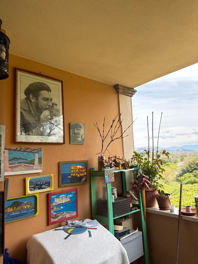 The image depicts a cluttered outdoor space in Rignano Flaminio, Italy, possibly a balcony or patio. The walls are painted in a muted yellow tone. On the wall, there is a framed black and white portrait of Che Guevara, along with several smaller paintings of landscapes and buildings. A dry branch-like decoration is affixed above the portrait.
To the right of the wall, a green shelving unit is visible, laden with plants in terracotta pots and various objects. A white object partially obscures the shelving unit. The background showcases a view of a landscape, including greenery and distant hills. The sky is overcast.